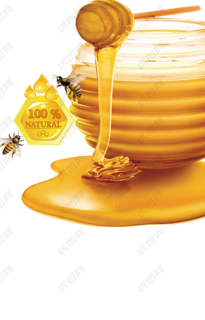 金黄色蜜罐旁的蜜蜂背景素材