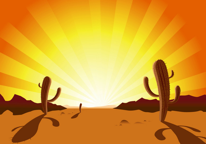 卡通手绘落日沙漠仙人掌背景