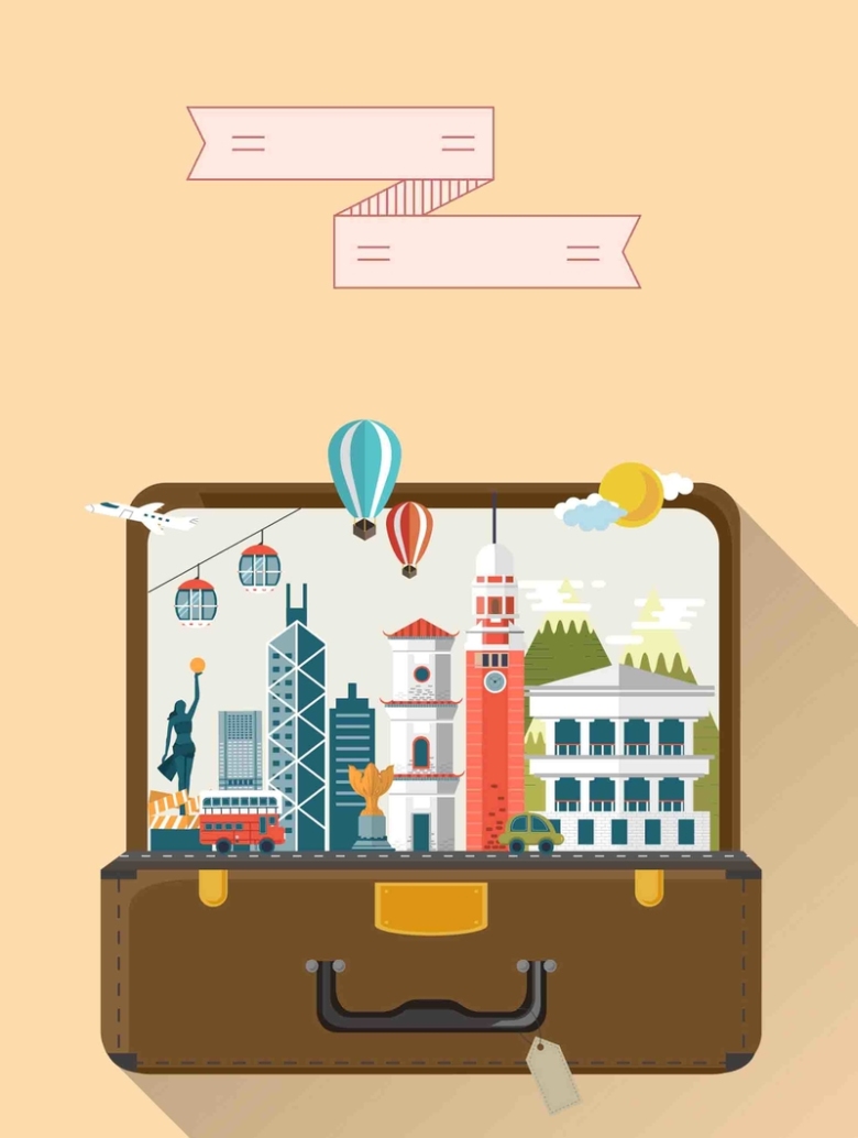 手绘矢量行李箱旅游香港景点地图海报背景