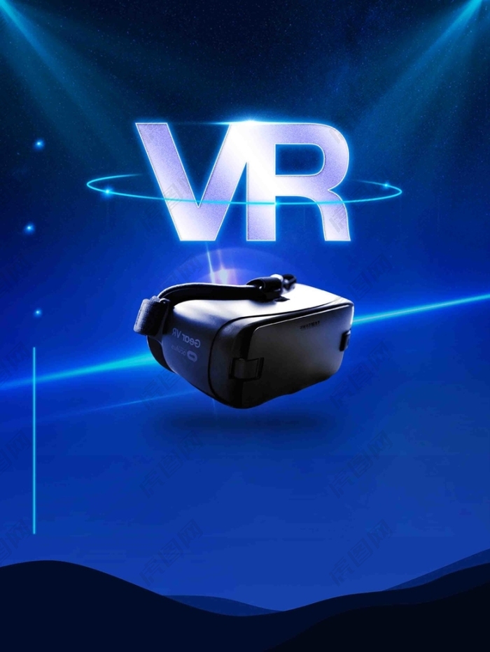 蓝色光影科技感合成VR体验眼镜促销