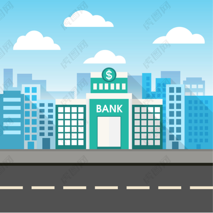 卡通蓝色银行建筑背景