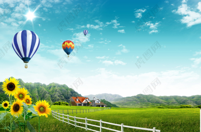 蓝天白云草地向日葵热气球海报背景素材