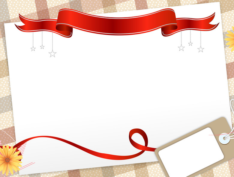 红色丝带白色卡片吊牌褐色格子背景素材