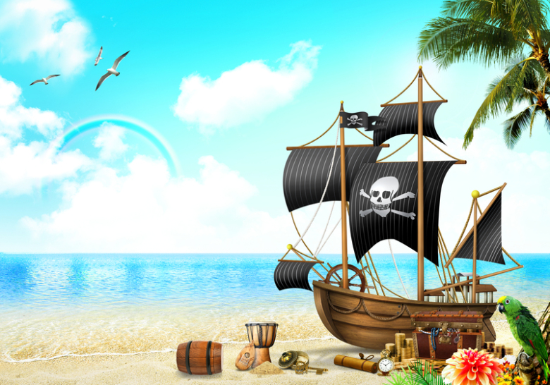 海盗船沙滩时钟鹦鹉背景素材