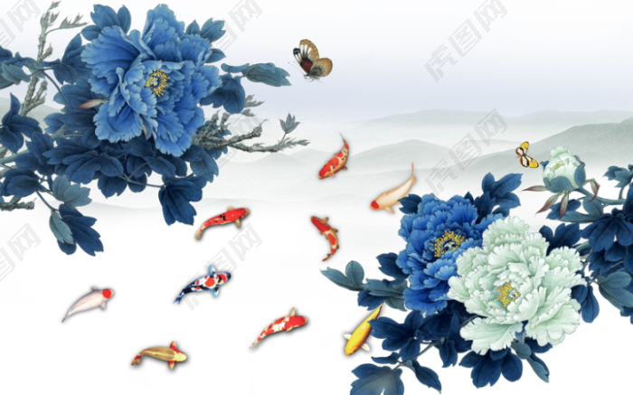 蓝牡丹九鱼图海报背景素材