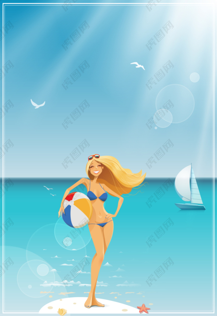 海边卡通比基尼美女旅游海报背景