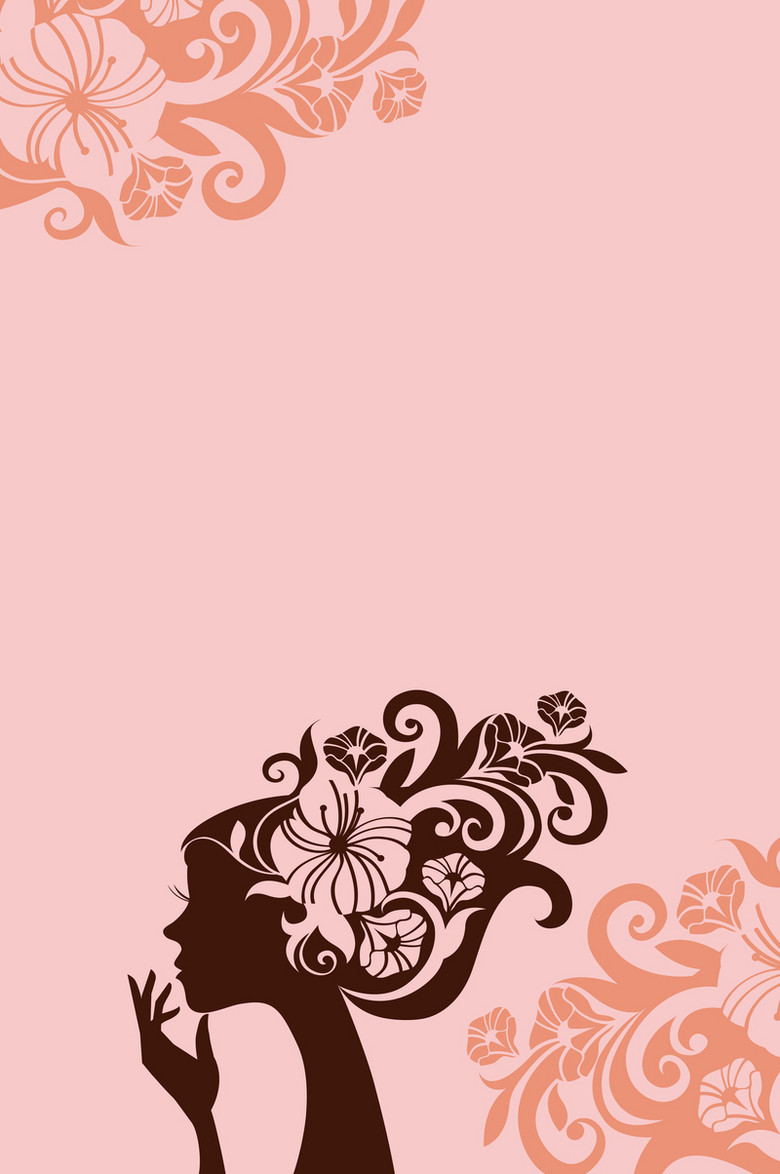 女性剪影粉色浪漫手绘美容化妆矢量海报背景