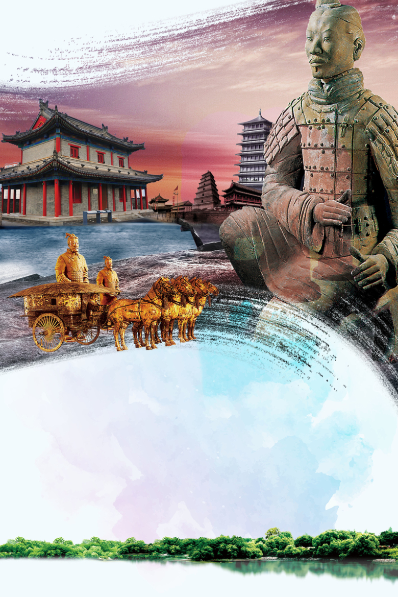 西安古城文化遗产旅游海报psd分层背景