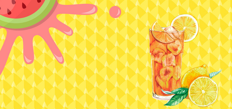 夏日酷饮西瓜橙汁卡通黄色背景