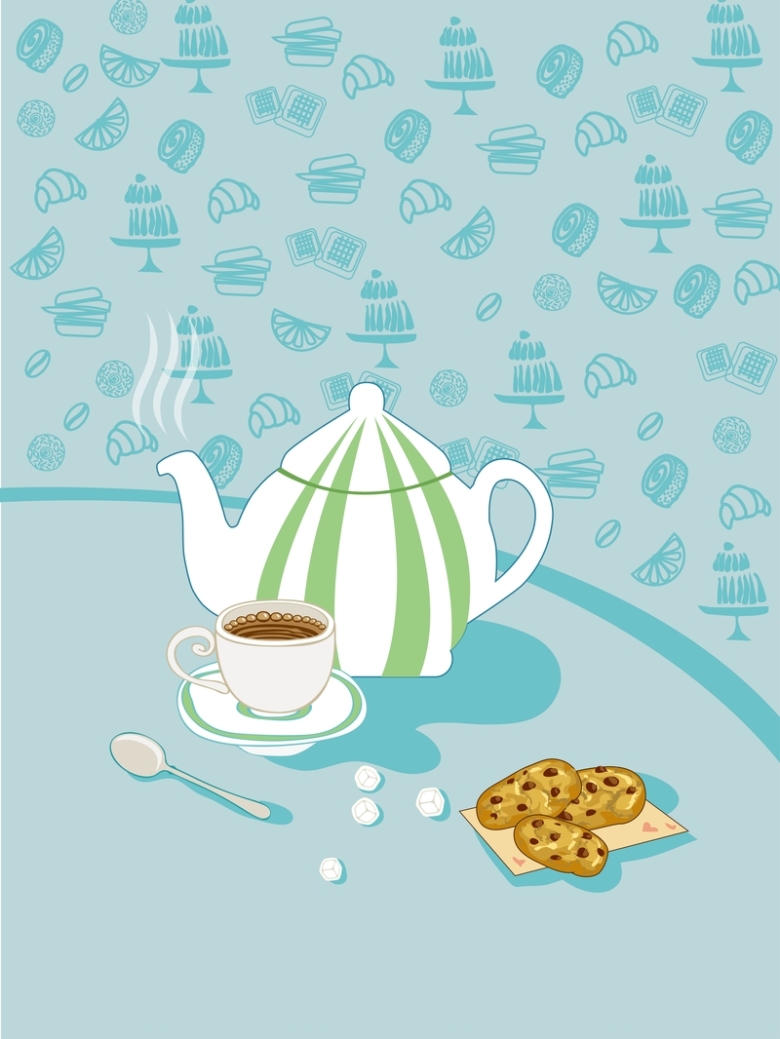 青色矢量卡通咖啡饮品海报背景素材