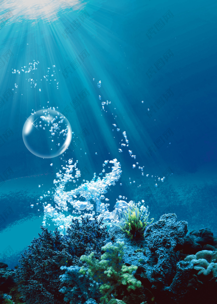 蓝色海洋海水气泡阳光摄影背景素材