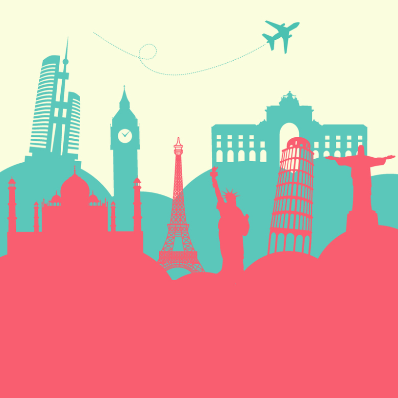 手绘红绿城市建筑飞机背景