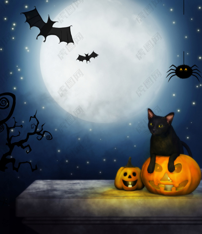 月色下的黑猫万圣节海报背景psd