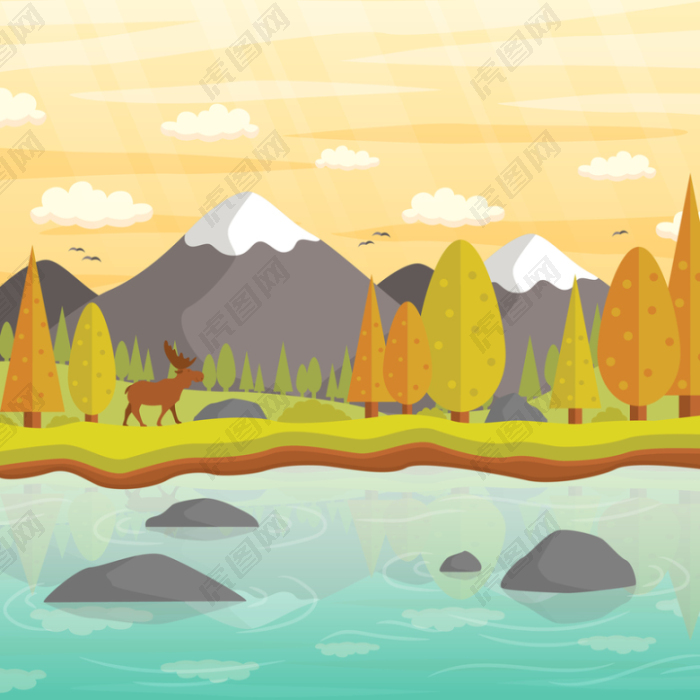 手绘自然景观与秋天驯鹿背景素材