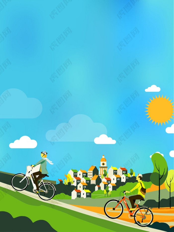 蓝天白云风景绿色草地骑行卡通背景素材