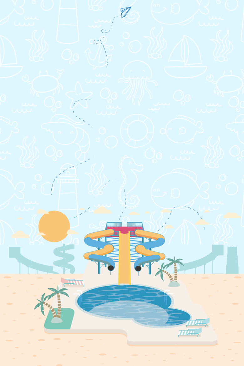 暑假水上世界卡通蓝色背景