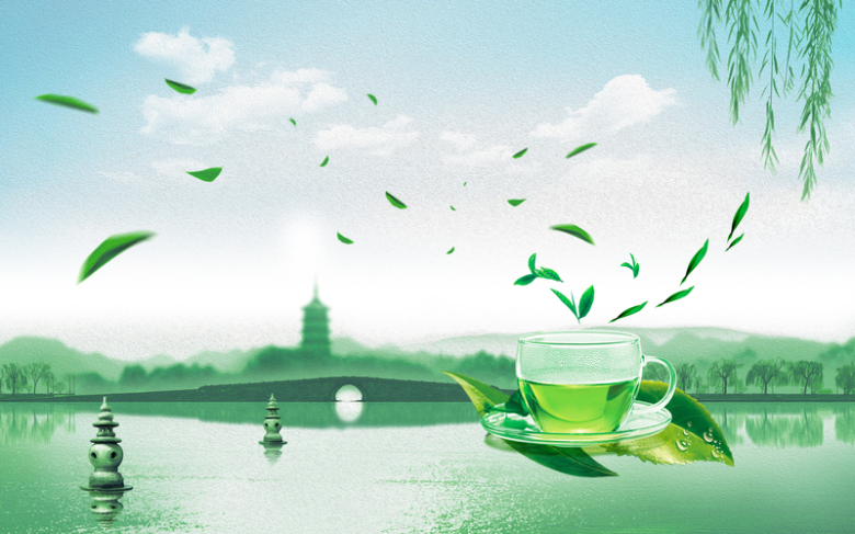 绿色淡雅魅力西湖龙井茶叶海报背景素材