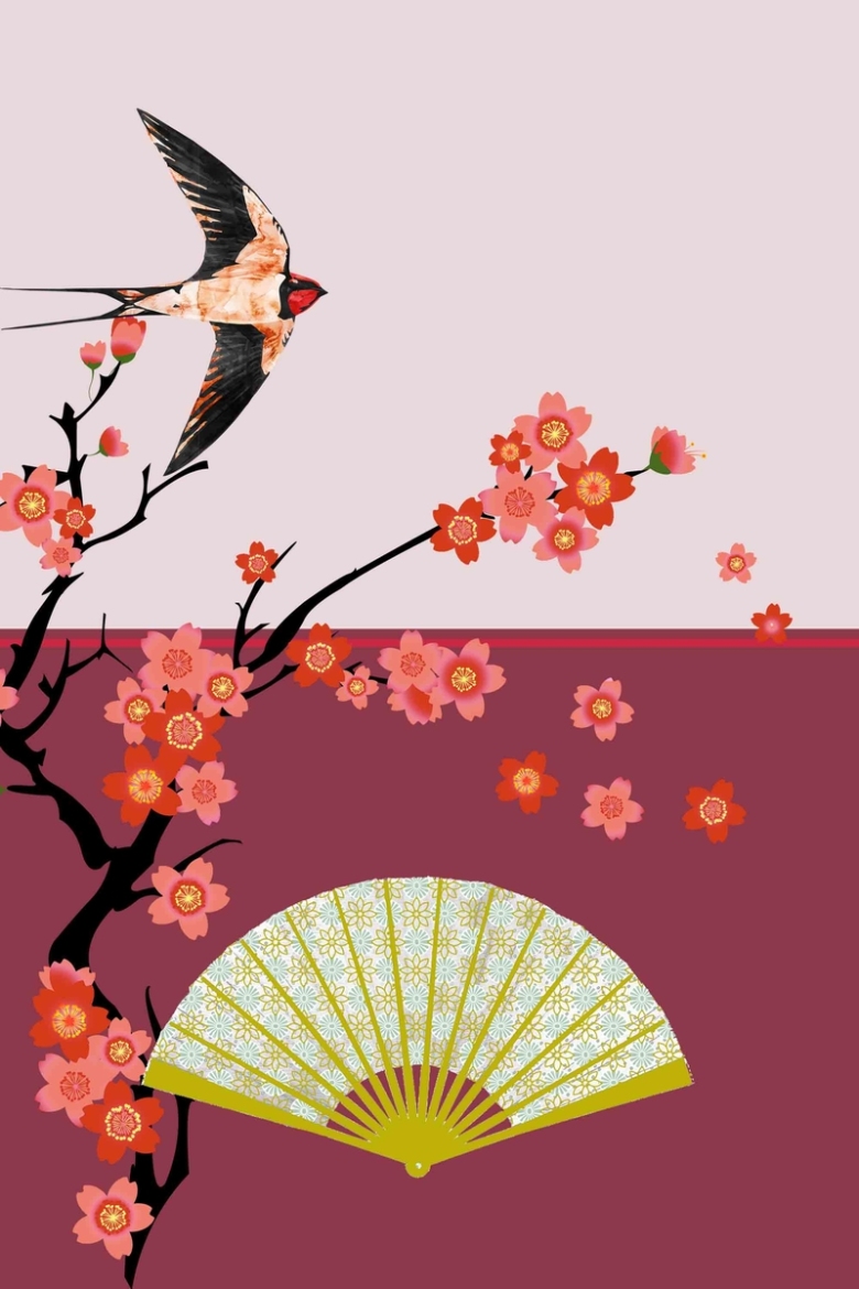 和风日本手绘扇子燕子红色激情喜庆广告背景