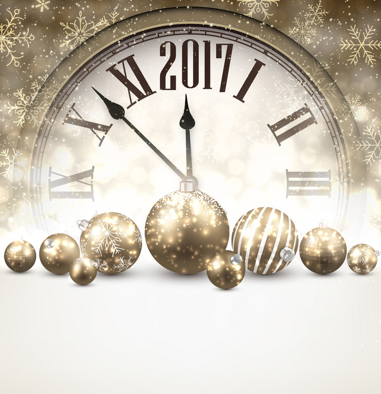 新年倒计时金色彩球钟表背景素材