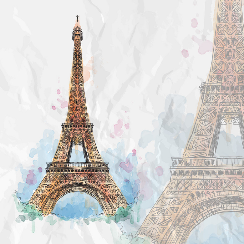 卡通手绘巴黎埃菲尔铁塔旅游背景素材