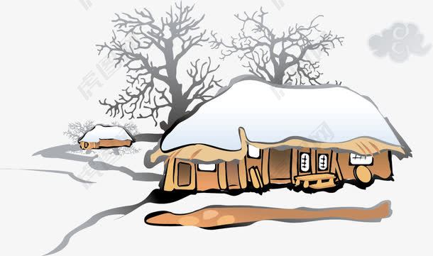 冬日雪景小屋枯树