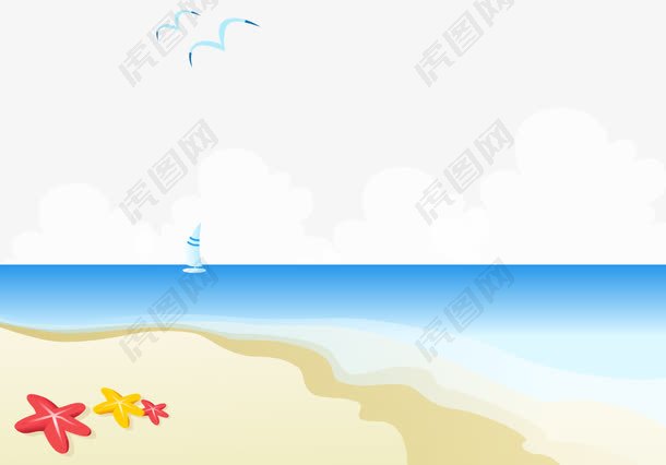 卡通手绘蓝色海水沙滩海星