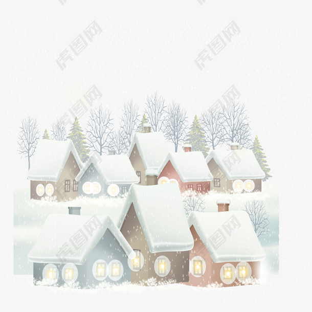 冬天下雪的农村房屋矢量免抠图
