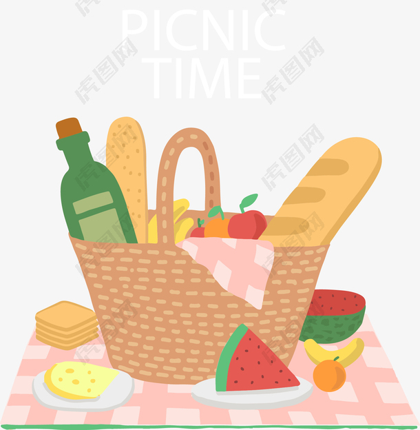 卡通装满食物的野餐篮子矢量图