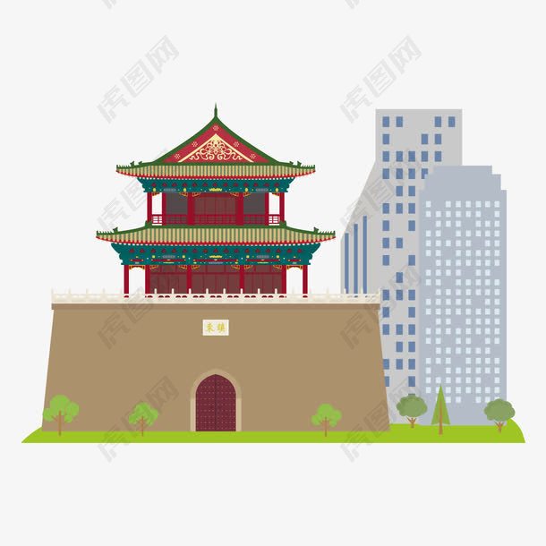 中国古城楼建筑旅游景点png元素