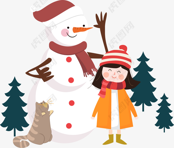 手绘圣诞节雪人和小女孩装饰
