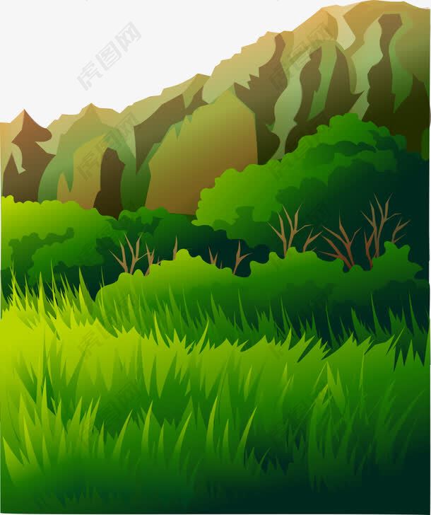 卡通手绘翠绿草原树木高山