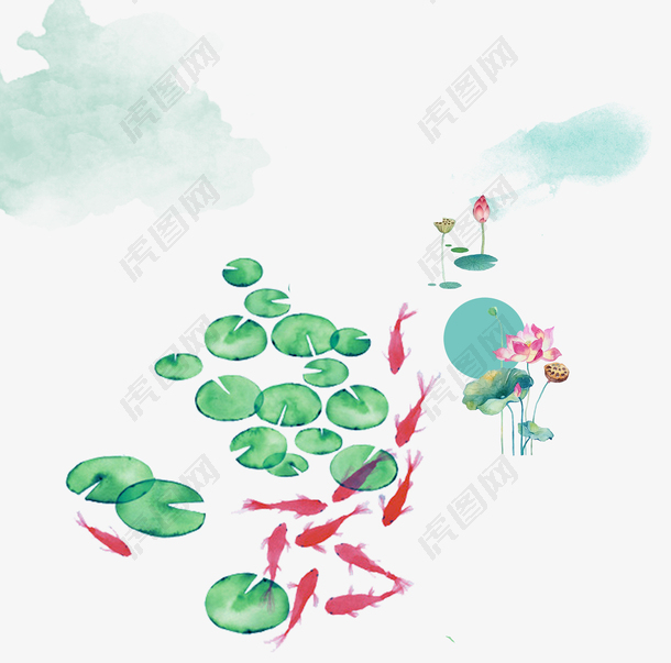 彩色卡通手绘山水间鱼塘