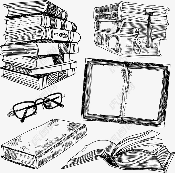 矢量手绘书本和眼镜