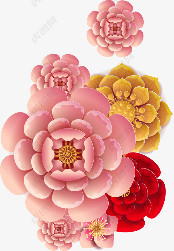 中国风立体剪纸花卉装饰图案