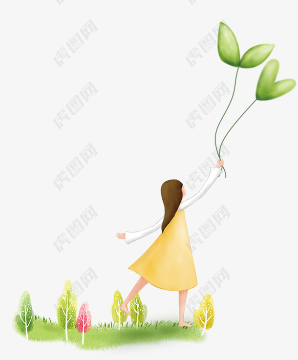 卡通手绘绿地上的小女孩
