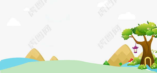 春季草原山峰与大树手绘边框