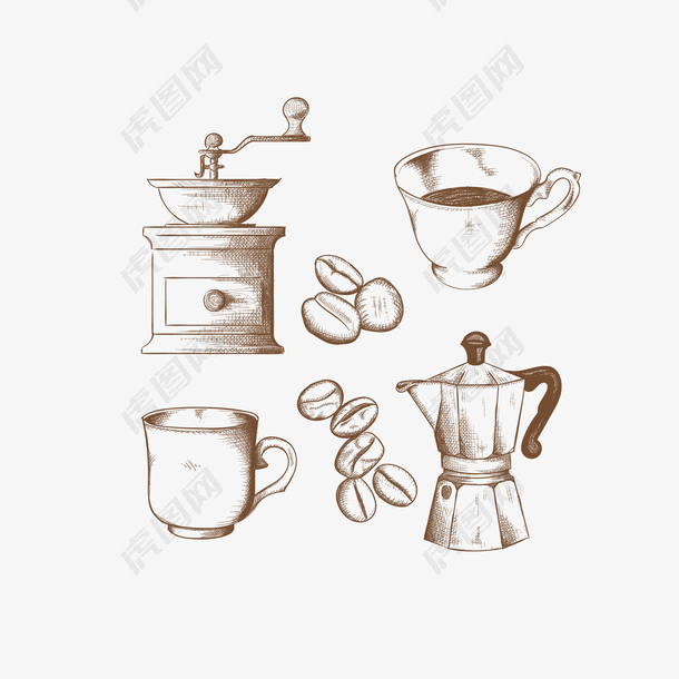 矢量精致素描咖啡杯咖啡器具