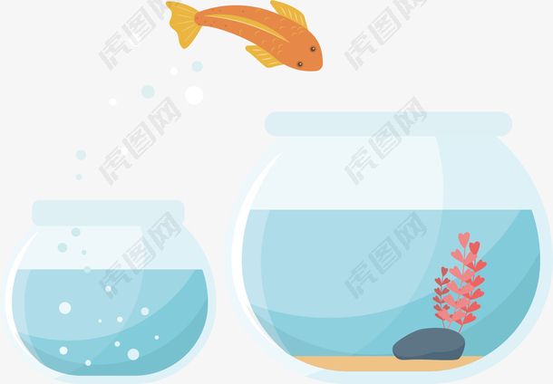 金鱼跳跃两个鱼缸卡通浅蓝金鱼鱼