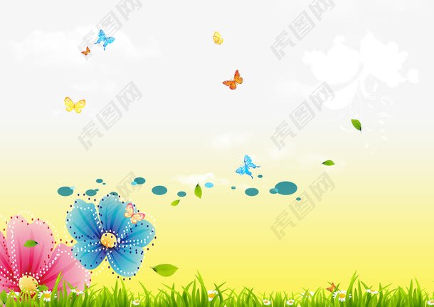 卡通草地花朵蝴蝶白云装饰设计