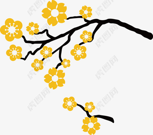 扁平化树枝上的金色梅花矢量图
