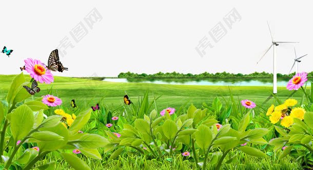 湖泊草地花朵背景素材