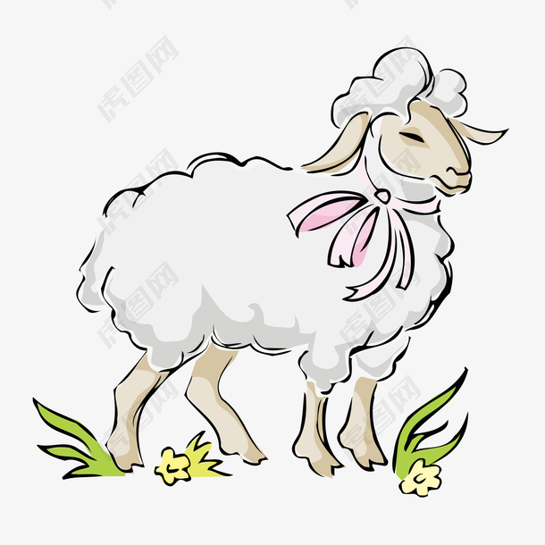 草地上美丽的绵羊手绘