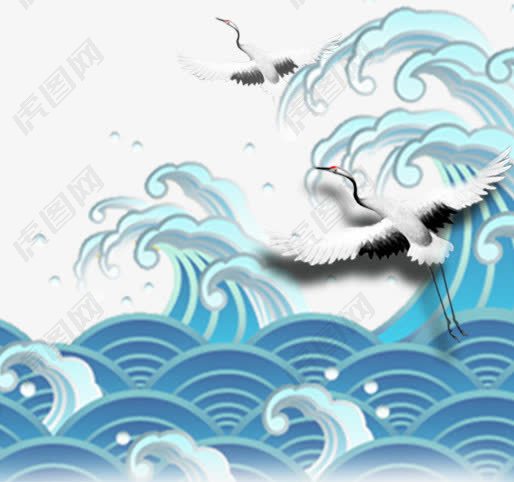 水彩画海浪仙鹤