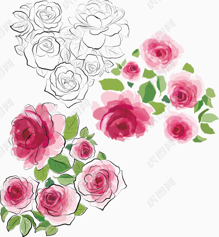 粉玫瑰水彩心形装饰元素