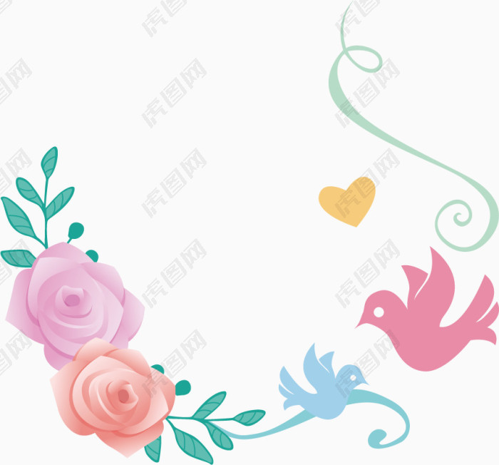 玫瑰鸽子水彩装饰元素