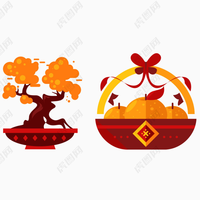 红色中国风节日盆景果篮装饰