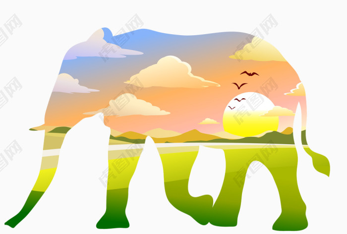 大象图形草原落日背景矢量图