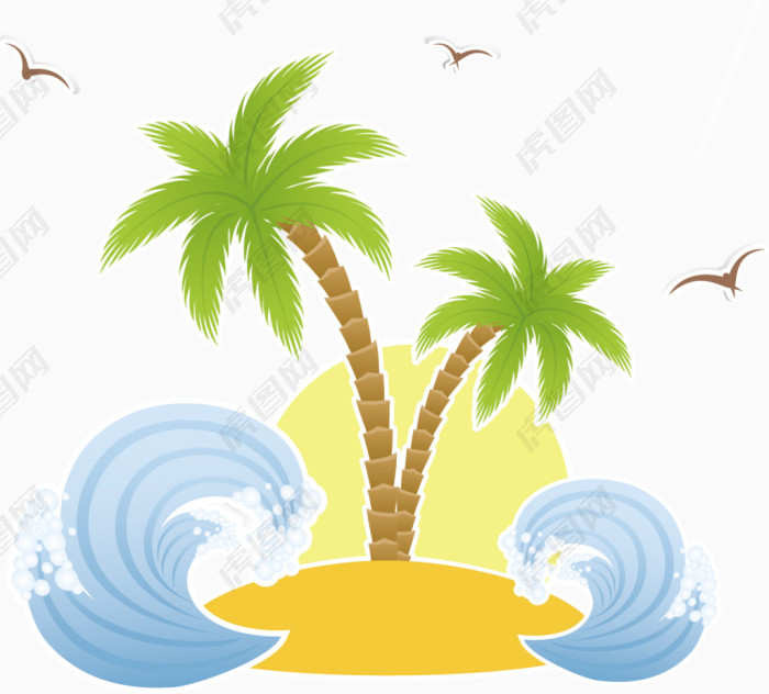 椰子树沙滩浪花卡通手绘装饰元素