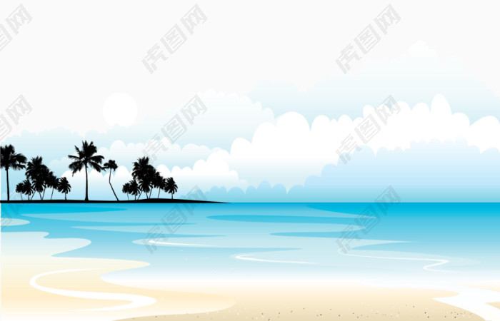 卡通手绘蓝色海水远处椰树